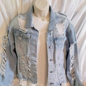 Thrill Ripped Distressed Frayed Thrashed Light Blue Jean Jacket
